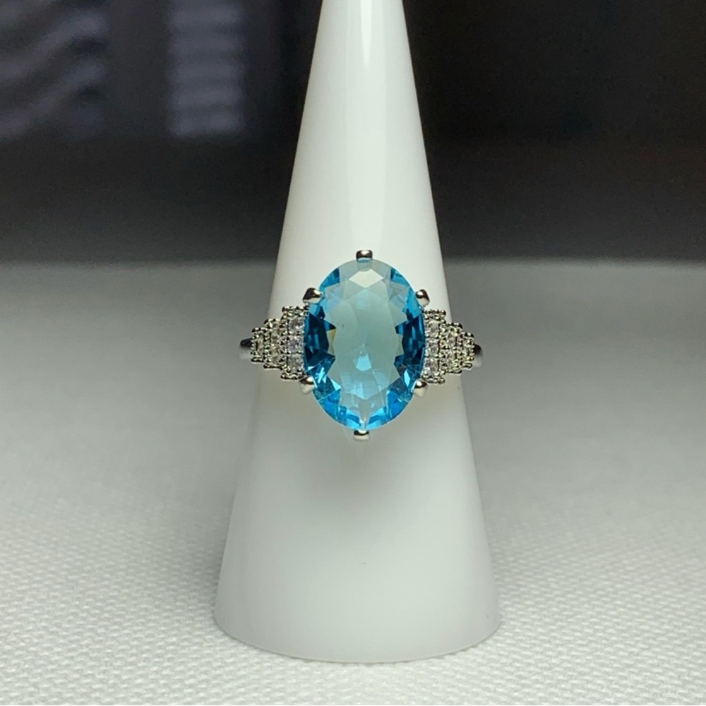 925 Silver Plated Blue CZ Statement Ring